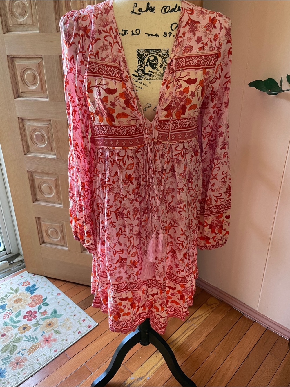 Pink Floral Long-Sleeve Boho Dress with Tassel Tie